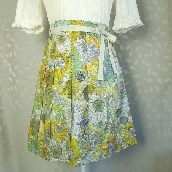 NEW J. Crew Sunflower Print Pleated Skirt Retro 60s Twee Floral Cotton Yellow 0 - Picture 2 of 16